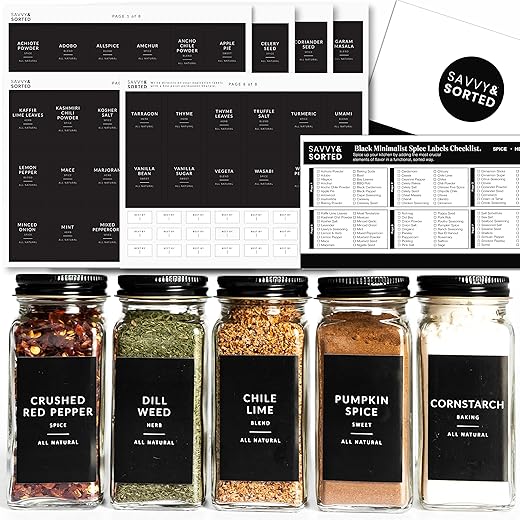 162 Black Minimalist Spice Labels Stickers | Spice Jar Labels Preprinted | White Text on Black Labels | Spice Jars with Label | Herb Stickers Kitchen Pantry Labels | Spice Jar Organization