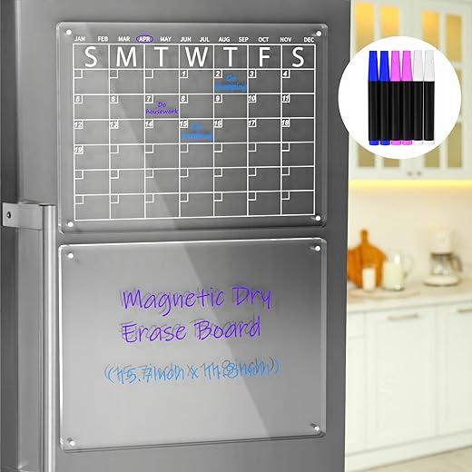 AITEE Acrylic Magnetic Dry Erase Board and Calendar for Fridge, Clear Set of 2 Dry Erase Board Calendar for Refrigerator Reusable Planner, Includes 6 Dry Erase Markers with 3 Colors(16"x12"Inches)