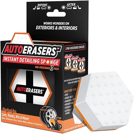 AutoERASERS™ Instant Detailing Sponge, Premium Pre-Moistened Dual-Sided Auto Cleaning Sponge with Shammy (3 Pack)