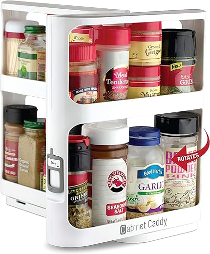 Cabinet Caddy (White) | Pull-and-Rotate Spice Rack Organizer | 2 Double-Decker Shelves | Modular Design | Non-Skid Base | Stores Prescriptions, Essential Oils | 10.8"H x 5.75"W x 10.8"D