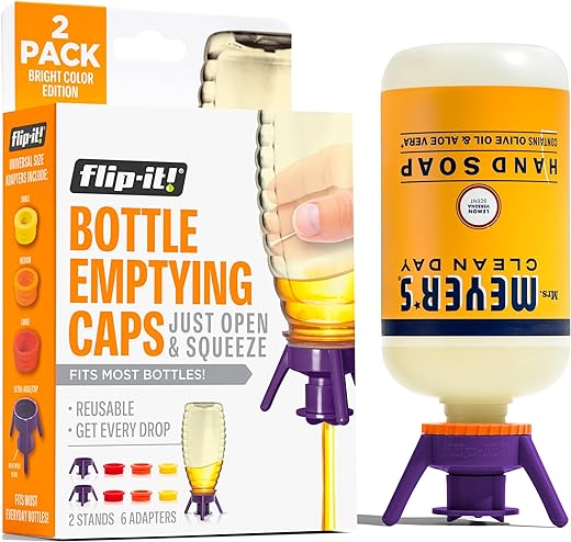 Flip-it! Bottle Emptying Kit - Flip Bottle Upside Down To Get Every Drop Out of Lotions, Shampoos, Conditioners and Kitchen Condiments with Flip-It! (2 FULL KITS, Bright Color Edition)