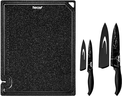 hecef 5 PCS Plastic Cutting Board and Knife Set- 2 Marble Pattern Kitchen Knives with 2 Extra Sheaths & 1 Multifunctional Chopping Board, Essential Cooking Utensil for Home,Kitchen & Restaurant