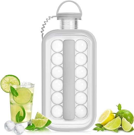 LittleStar Ice Cube Trays 2 in 1 Portable Ice Ball Maker Kettle With 17 Grids Flat Body Lid Cooling Ice Pop/Cube Molds For Hockey,Cocktail,Coffee,Whiskey,Champagne,Beer,Juice,Water (Gray)