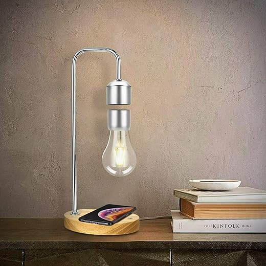 MODIRNATION Unique Modern Levitating Lamp with Floating Light Bulb and Built-in Qi Wireless Charger, Simplistic and Innovative Design, Warm Decorative Night Light (Silver)