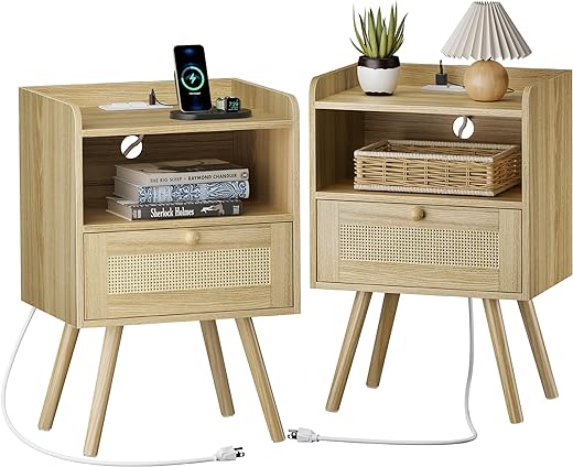 SUPERJARE Nightstands Set of 2, Rattan Nightstands with Charging Station & PE Rattan Decor Drawer, Bed Side Tables with Solid Wood Feet, End Table, Night Stands, for Bedroom, Dorm - Natural