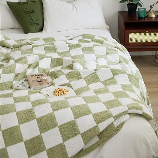 YIRUIO Throw Blankets Checkerboard Grid Chessboard Gingham Warmer Comfort Plush Reversible Microfiber Cozy Decor for Home Bed Couch (sage Green, 60''x79'')