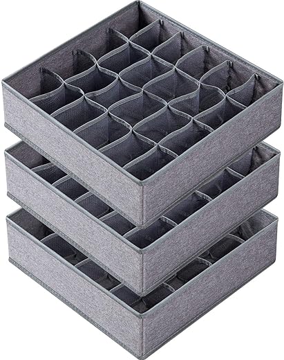 3 Pack Sock Underwear Organizer Dividers, 64 Cell Drawer Organizers Fabric Foldable Cabinet Closet Organizers and Storage Boxes for Storing Socks, Underwear, Ties (16+24+24 Cell, Gray)