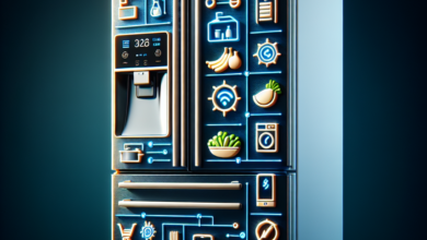 A modern, sleek refrigerator with a digital interface, energy efficiency symbols, and fresh food items inside.