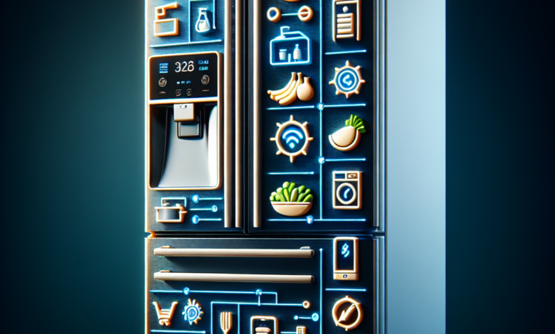 A modern, sleek refrigerator with a digital interface, energy efficiency symbols, and fresh food items inside.