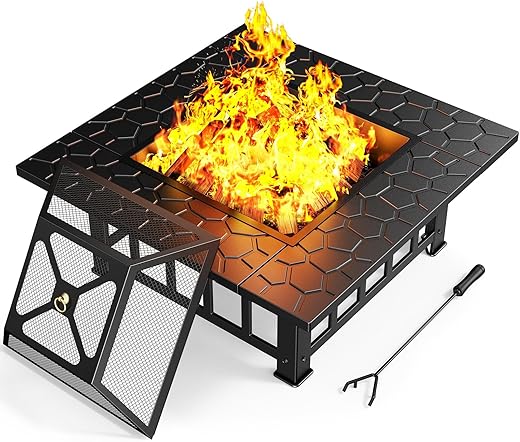 Ciays 32 inch Fire Pit 3-in-1 Multipurpose Outdoor Fire Pit Table with Spark Screen, 22-inch Fire Poker, Rain Cover for Camping, Backyard, Patio, CIFP01B