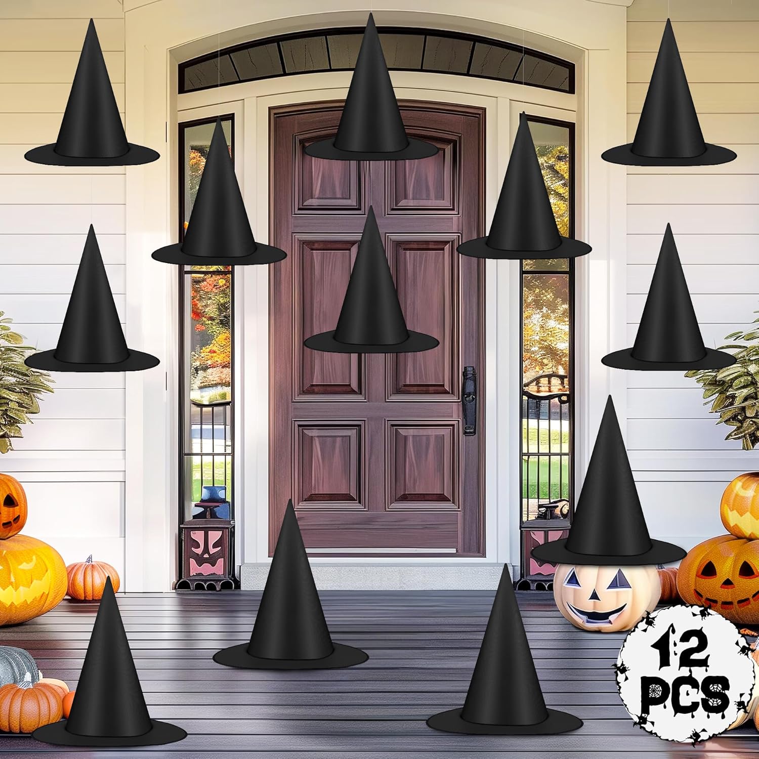 12 PCS Halloween Witch Hats Black Hanging Witch Hat Witch