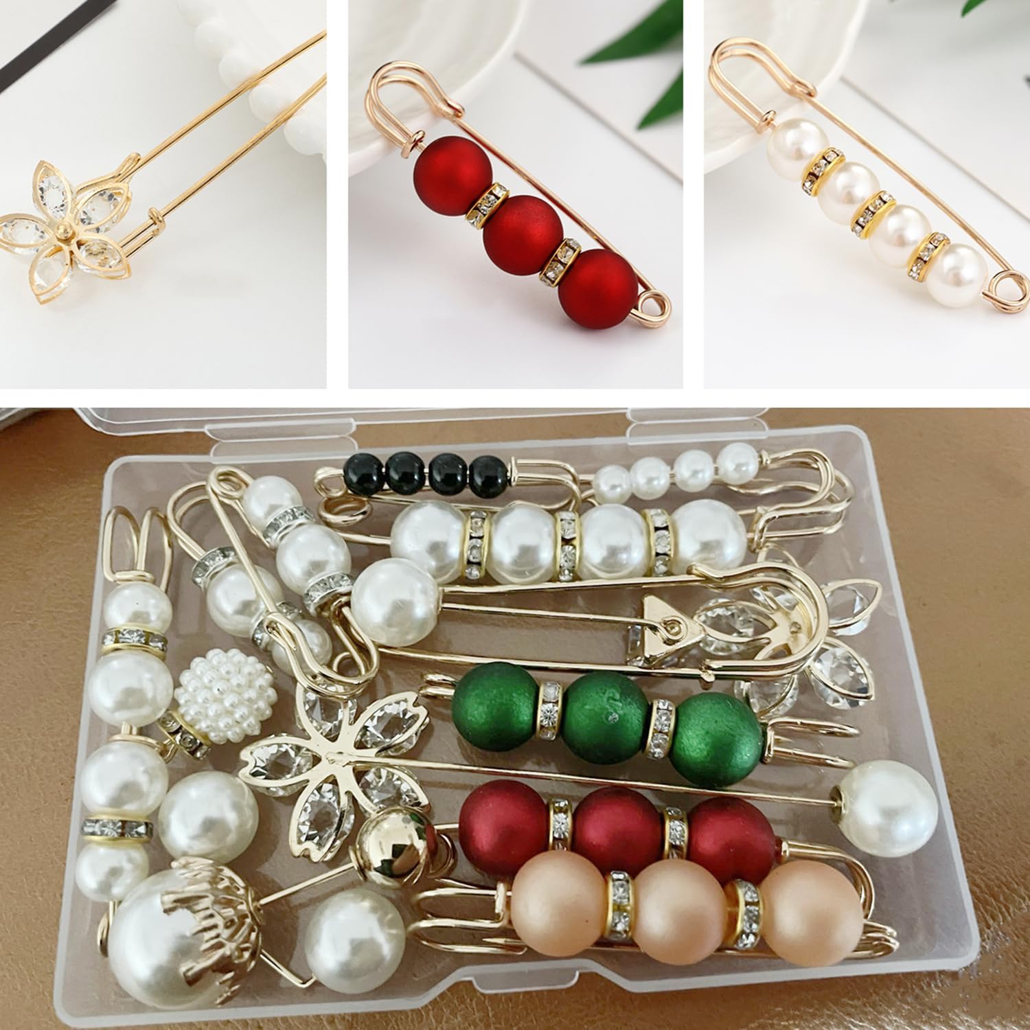 1724343308 333 Faux Pearl Brooch Pins with Box Sweater Shawl Safety Pins