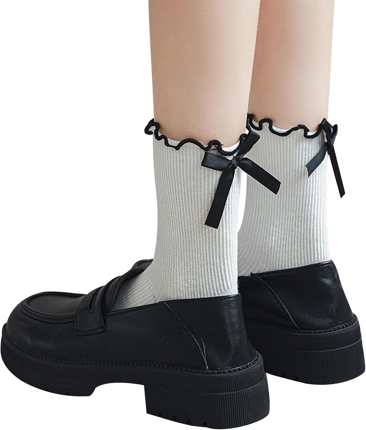 1724345121 344 Womens Bow Socks Ruffle Casual Crew Black Whitte Soft Breathable