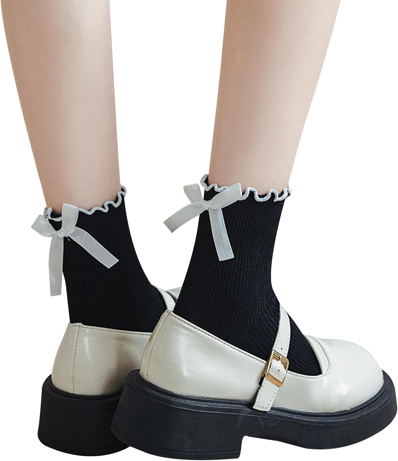 1724345122 832 Womens Bow Socks Ruffle Casual Crew Black Whitte Soft Breathable