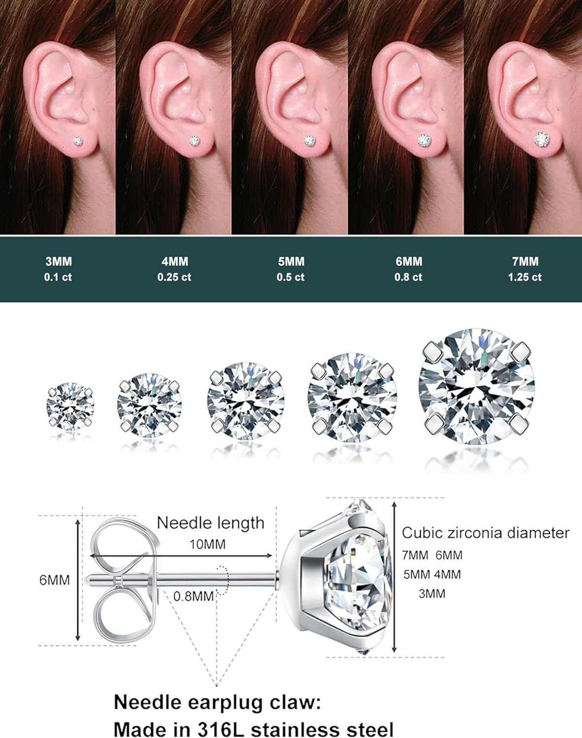 1724349333 822 5 Pairs Stud Earrings Set Hypoallergenic Cubic Zirconia 316L Earrings