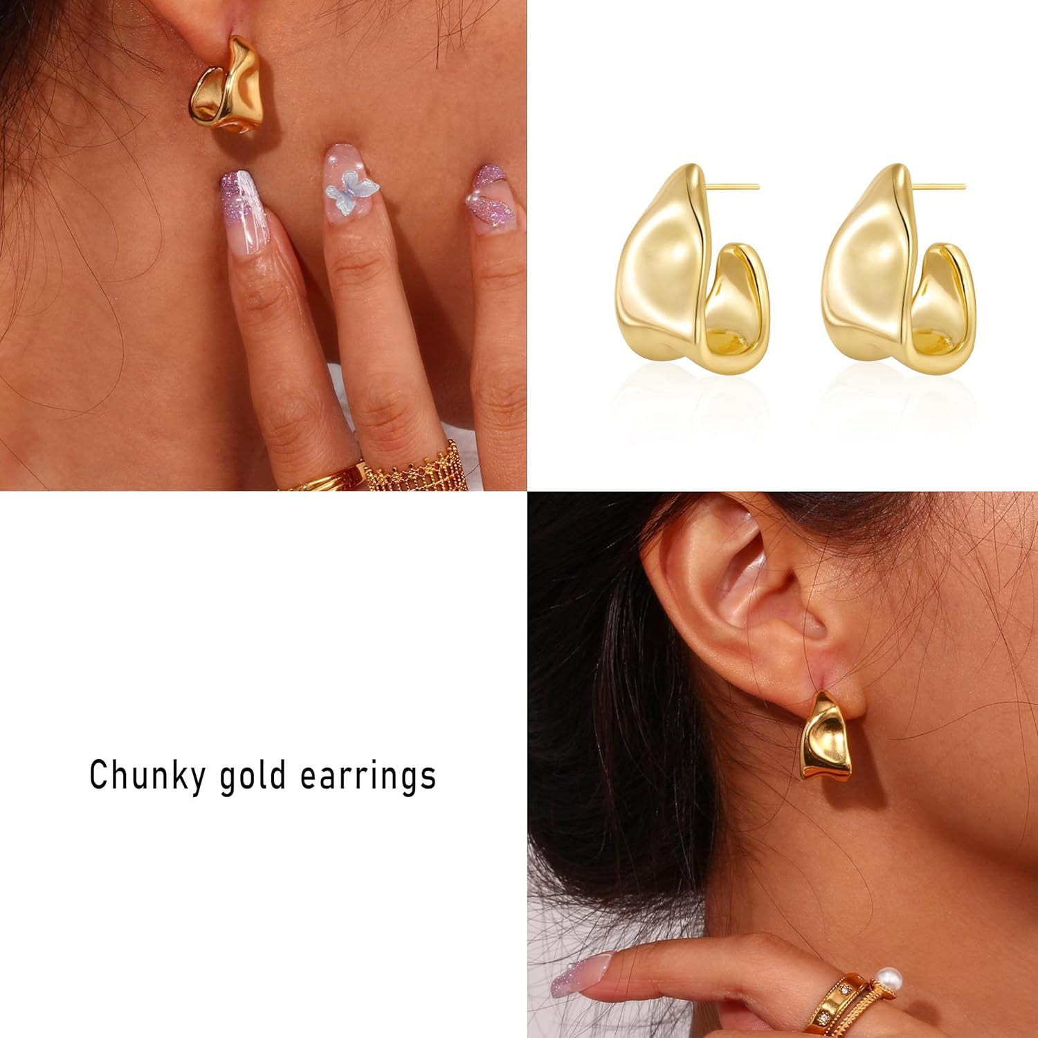 1724365398 401 Chunky Gold Stud Earrings for Women 14k Gold Plated Hypoallergenic