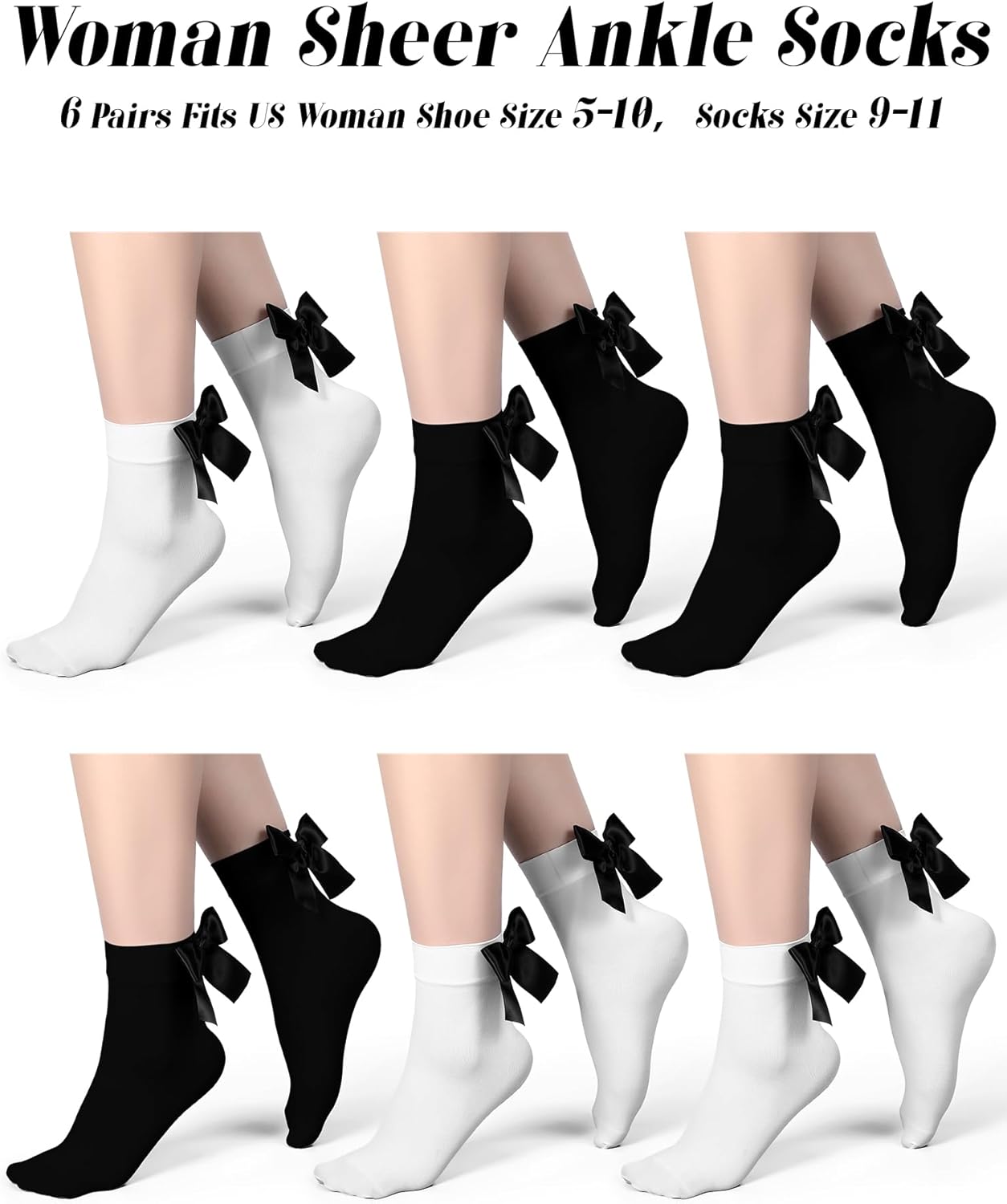 1724382157 458 6 Pairs Bows Socks Women Ankle Socks White Black Nylon