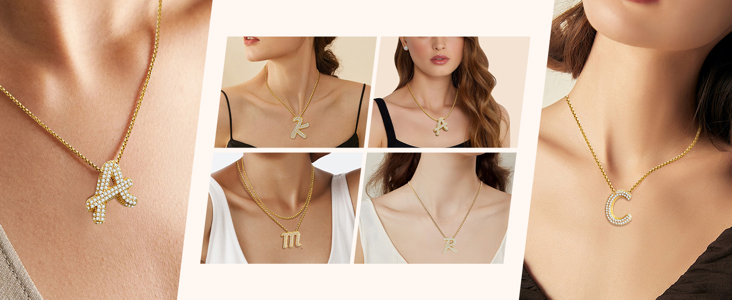 1724415174 734 Gold Bubble Letter Necklace for Women 18K Gold Plated Initial