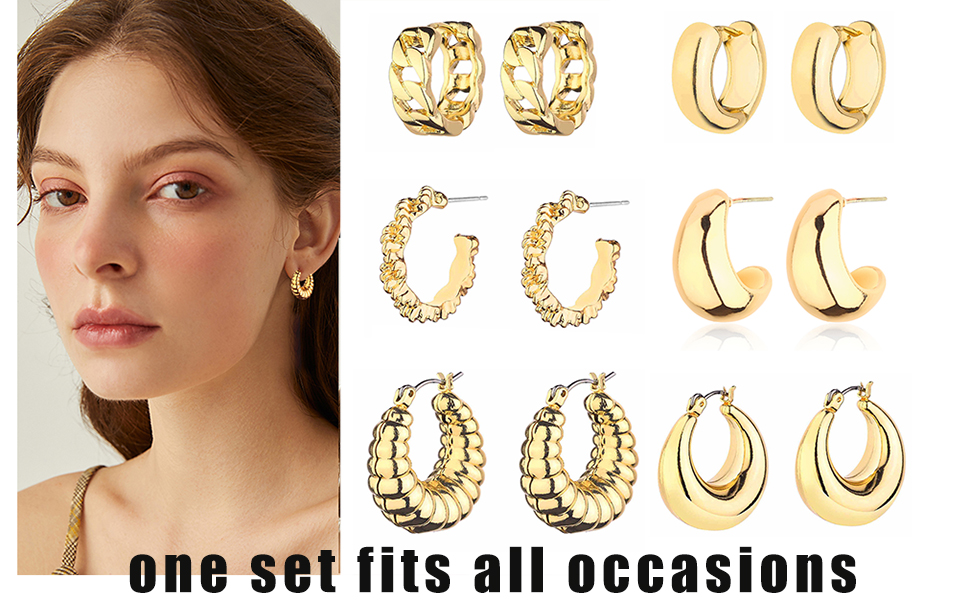 1724441243 889 Gold Chunky Hoop Earrings Set for Women 14K Gold Plated