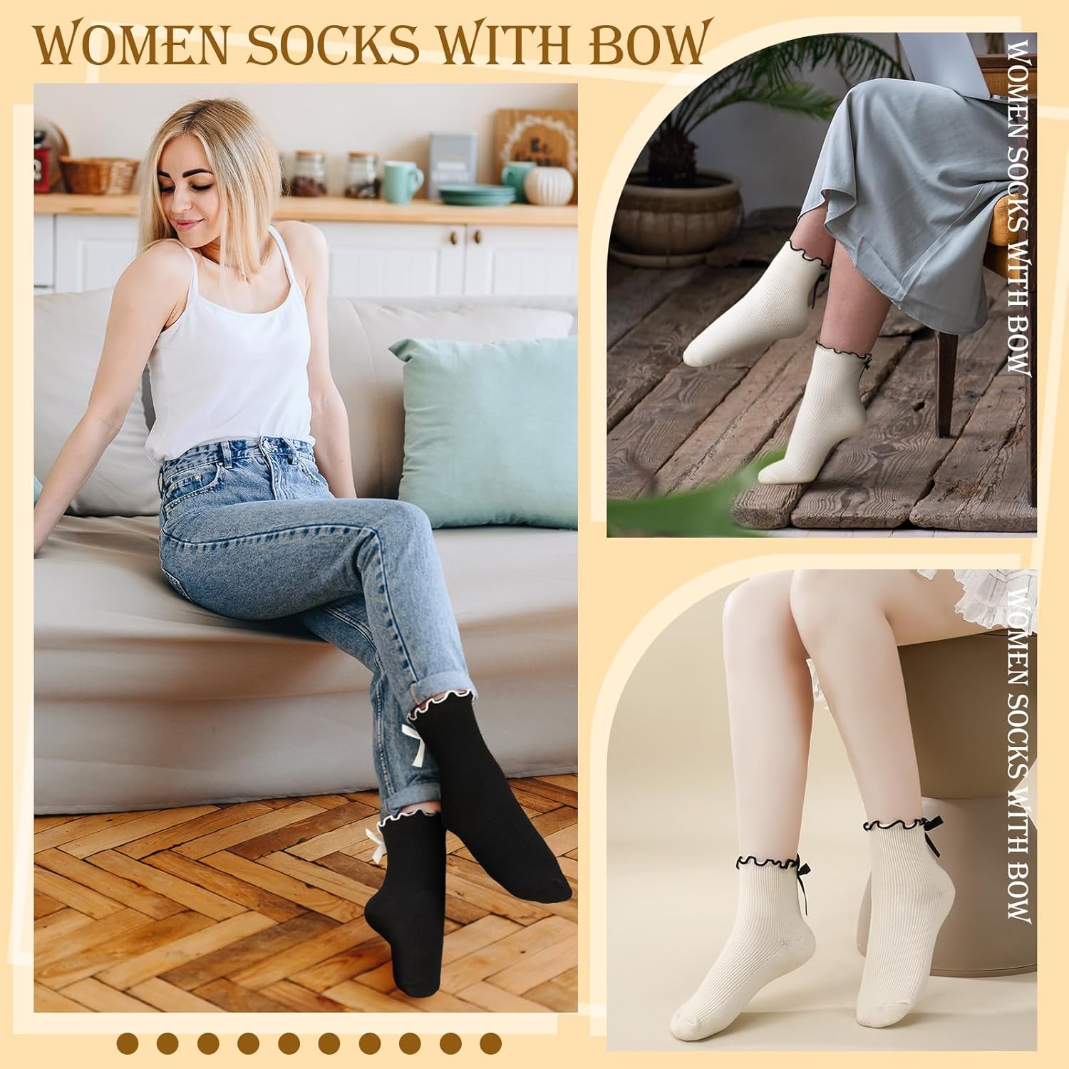 1724495895 765 6 Pairs Womens Bow Socks Ruffle Casual Crew Socks Cute