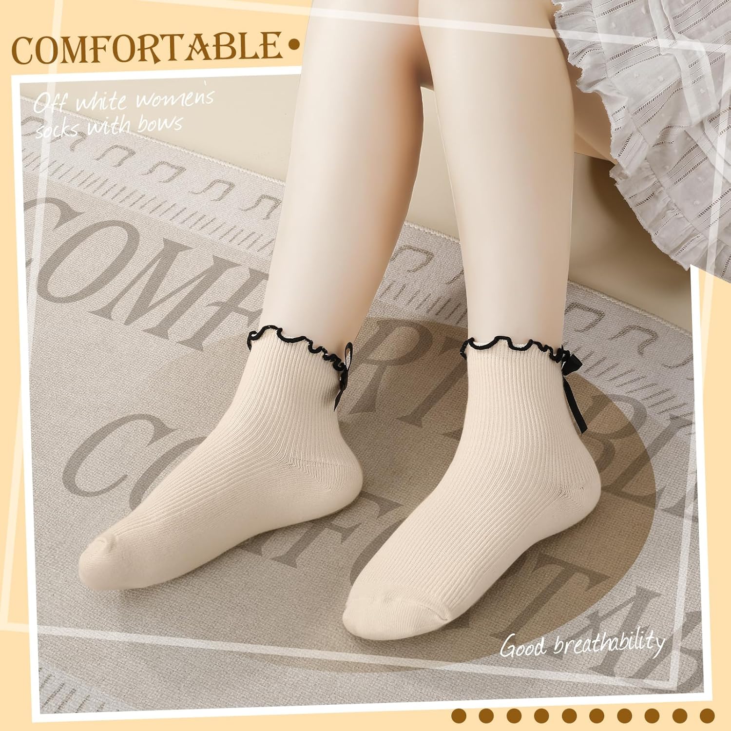 1724495899 68 6 Pairs Womens Bow Socks Ruffle Casual Crew Socks Cute