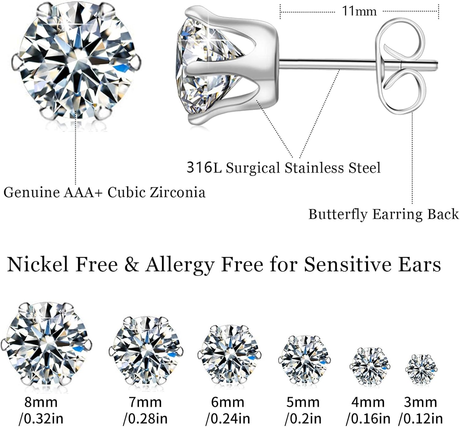 1724500097 668 Stainless Steel Stud Earrings Set Hypoallergenic Cubic Zirconia 14K White