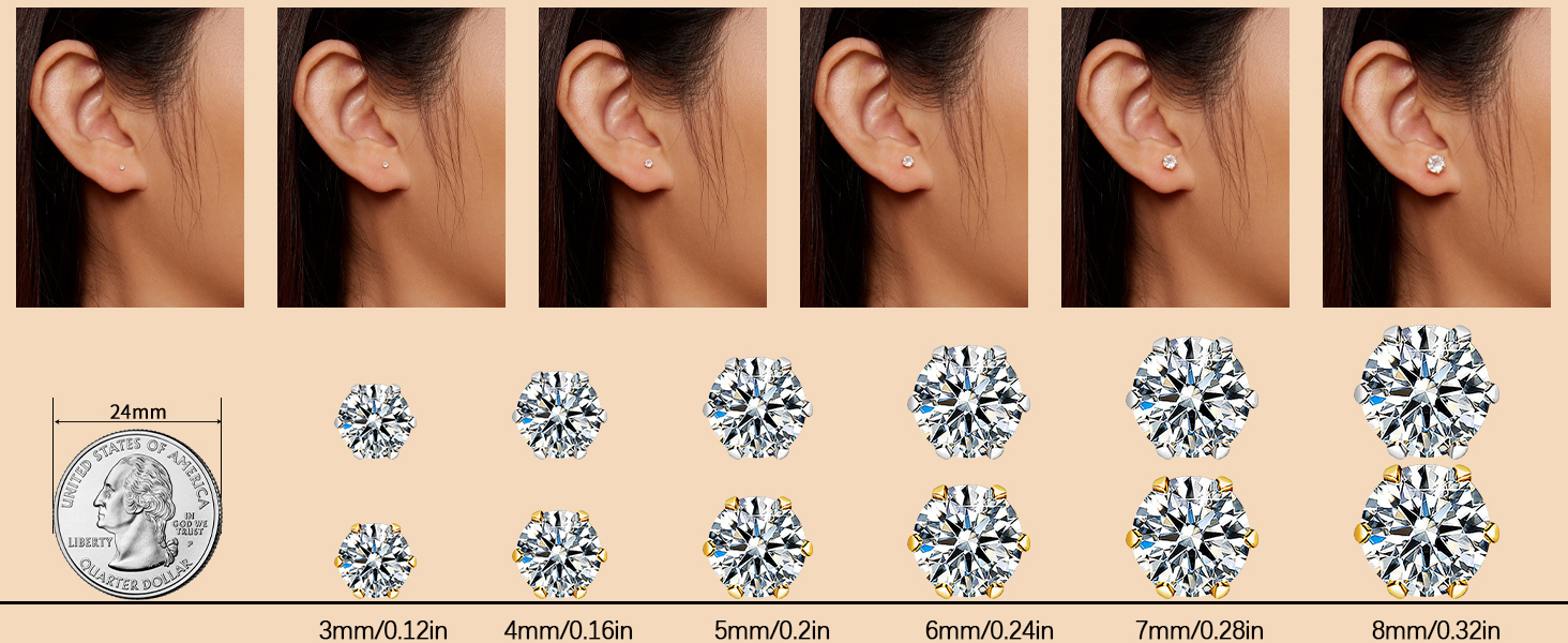 1724500100 374 Stainless Steel Stud Earrings Set Hypoallergenic Cubic Zirconia 14K White