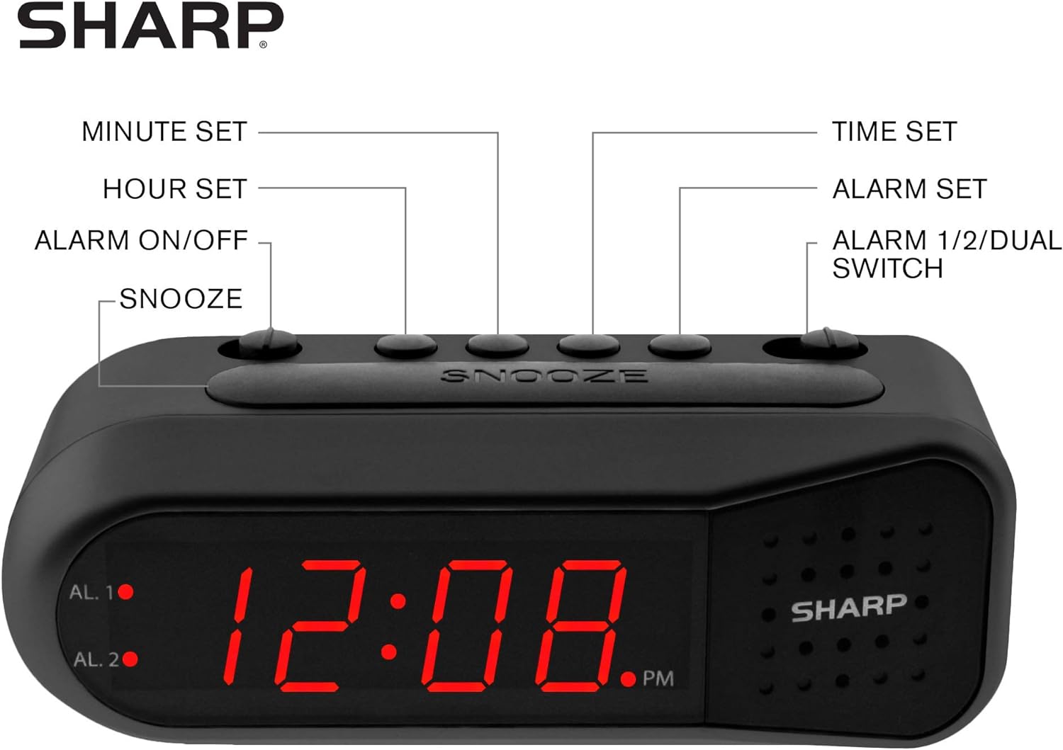 1724525496 869 SHARP Digital Alarm Clock – Black Case with Red LEDs