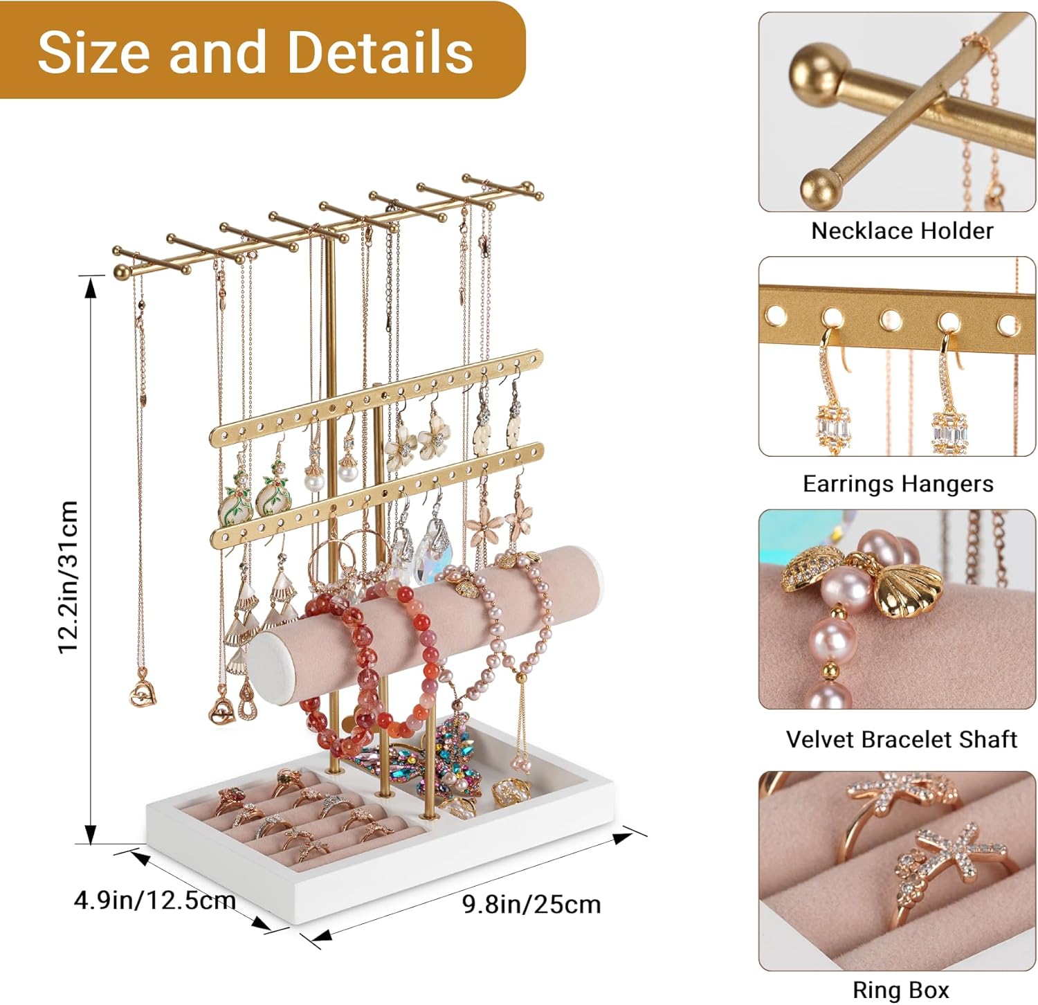 1724540168 12 Jewelry Holder Organizer 4 Tier Gold Jewelry Stand with Necklace Organizer