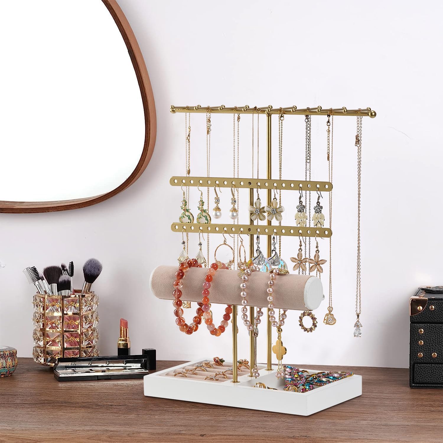 1724540168 13 Jewelry Holder Organizer 4 Tier Gold Jewelry Stand with Necklace Organizer