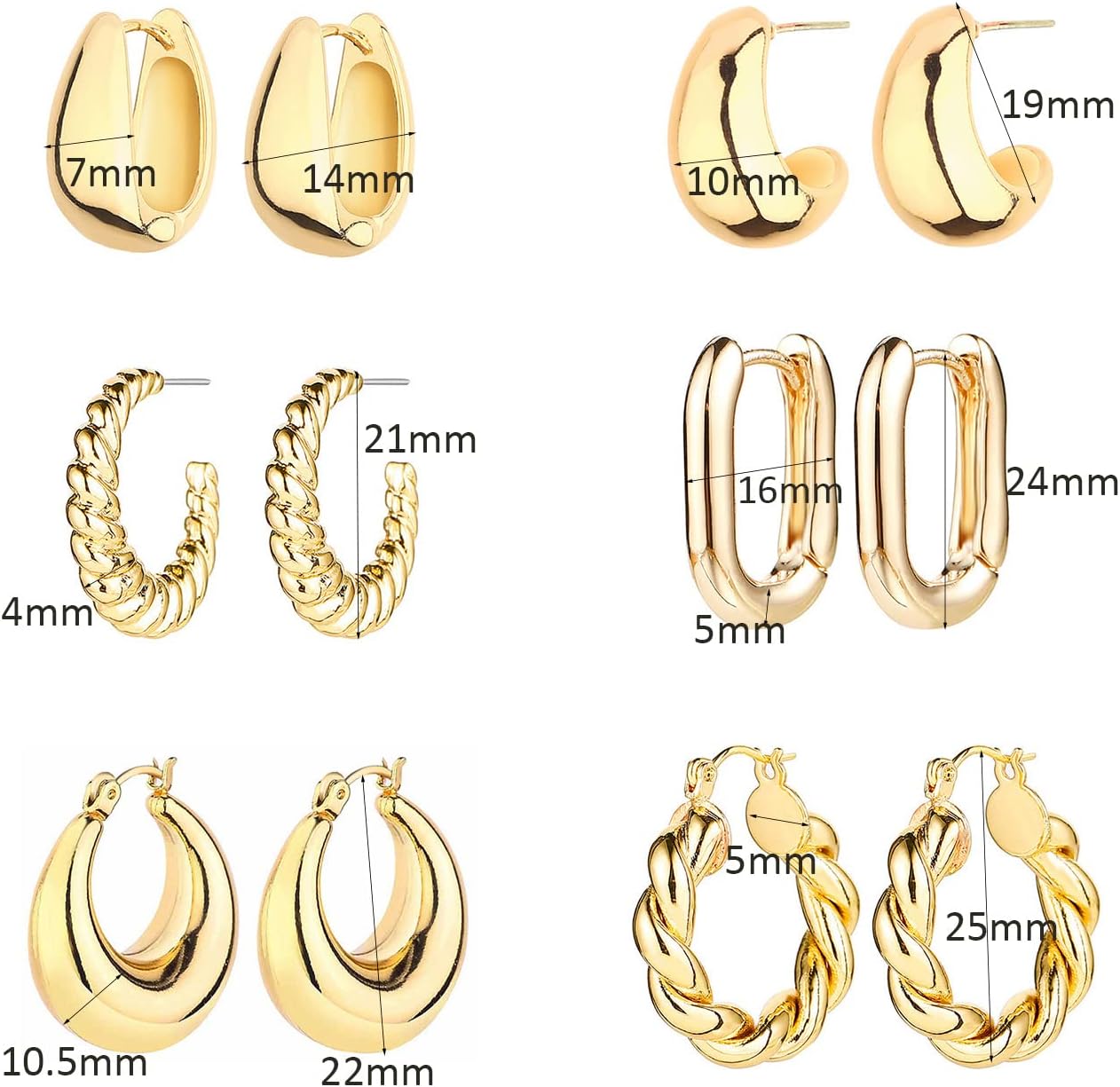 1724540999 200 6 Pairs 14K Gold Hoop Earrings for Women Lightweight Chunky