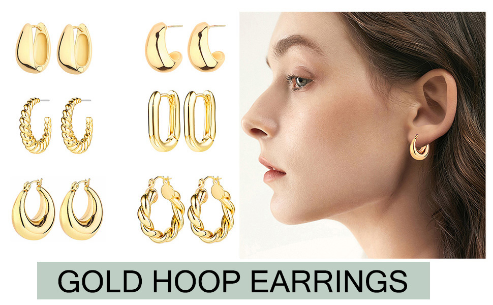 1724541001 689 6 Pairs 14K Gold Hoop Earrings for Women Lightweight Chunky