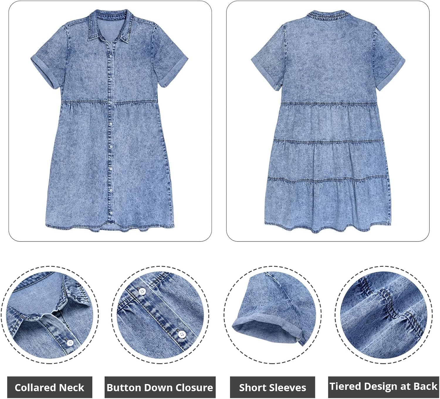 1724552168 695 GRAPENT Denim Dress for Women Babydoll Tiered Short Sleeve Button