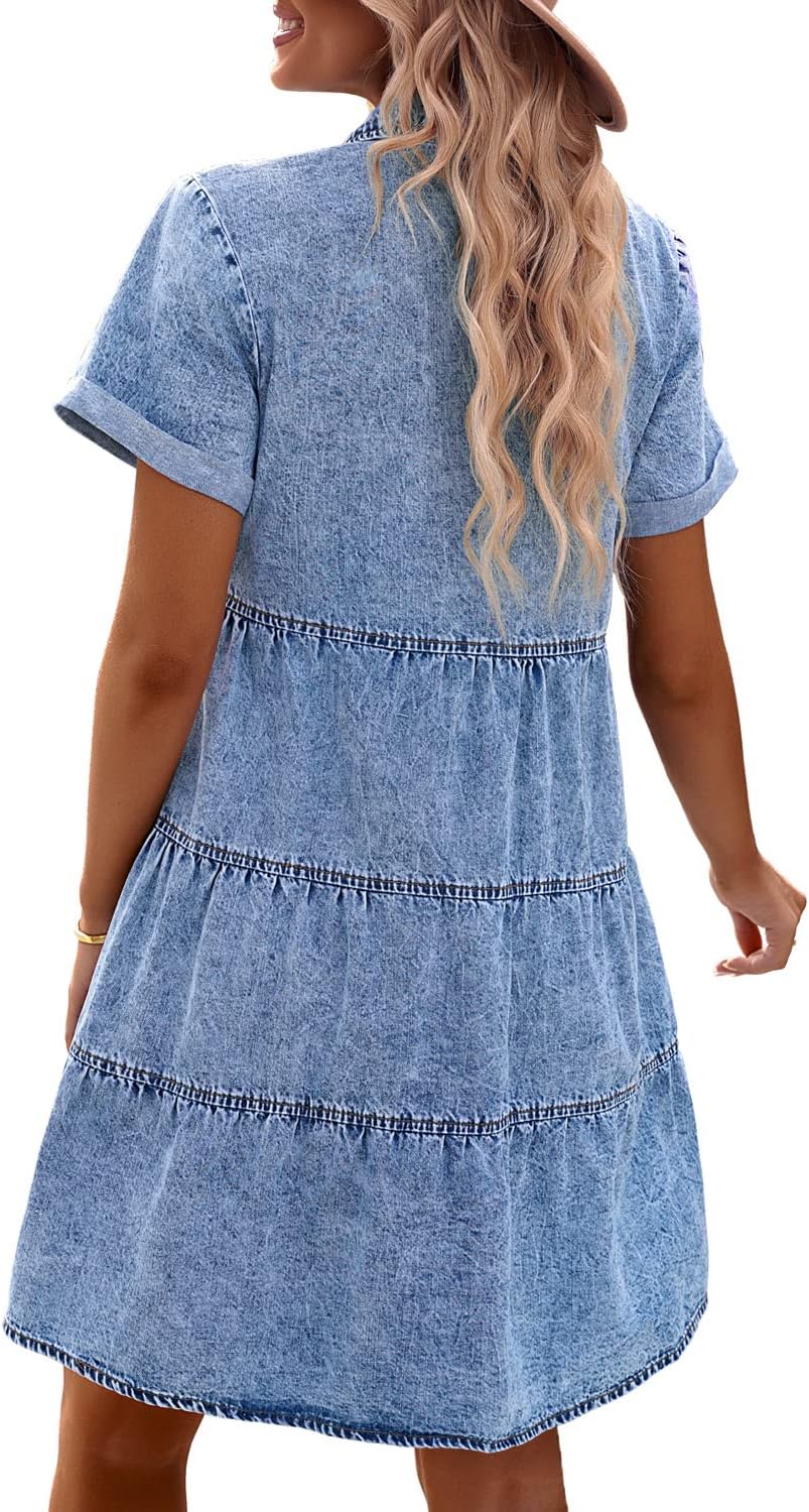 1724552168 717 GRAPENT Denim Dress for Women Babydoll Tiered Short Sleeve Button