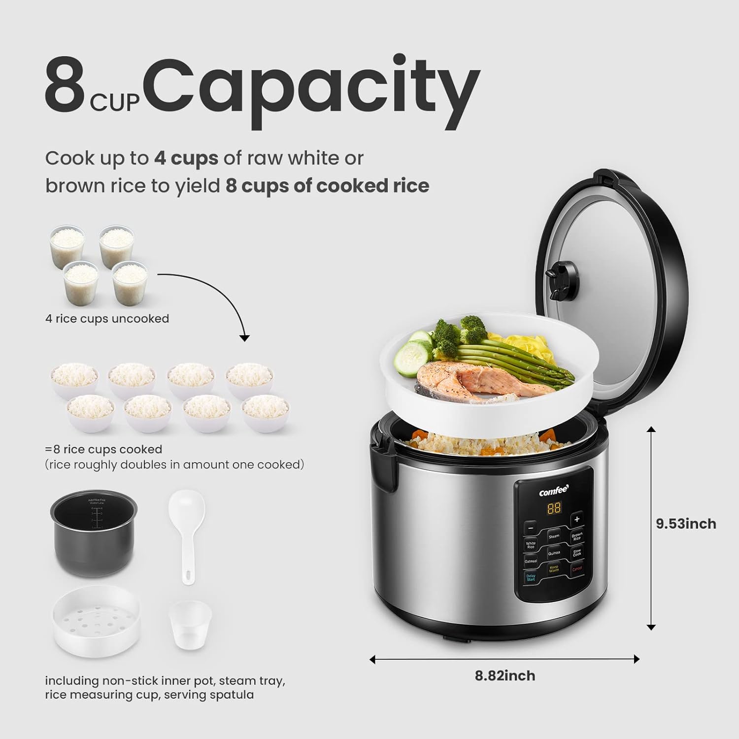 1724583977 386 COMFEE Compact Rice Cooker 6 in 1 Stainless Steel Multi Cooker Slow