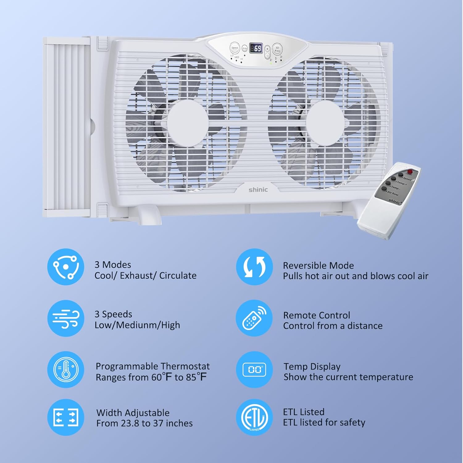 1724596078 447 shinic Twin Window Fan with Remote 9 Inch Blades Reversible Airflow