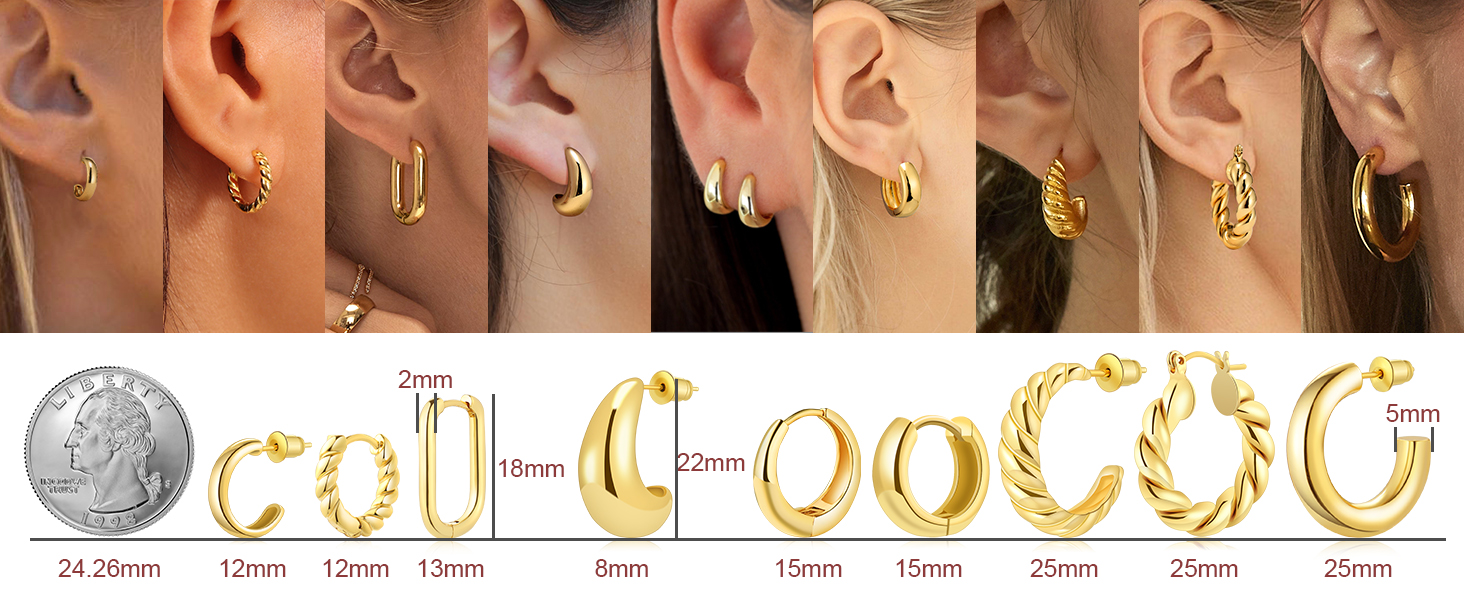 1724614845 429 9 Pairs GoldSterling SilverRose Gold Plated Hoop Earrings Set for