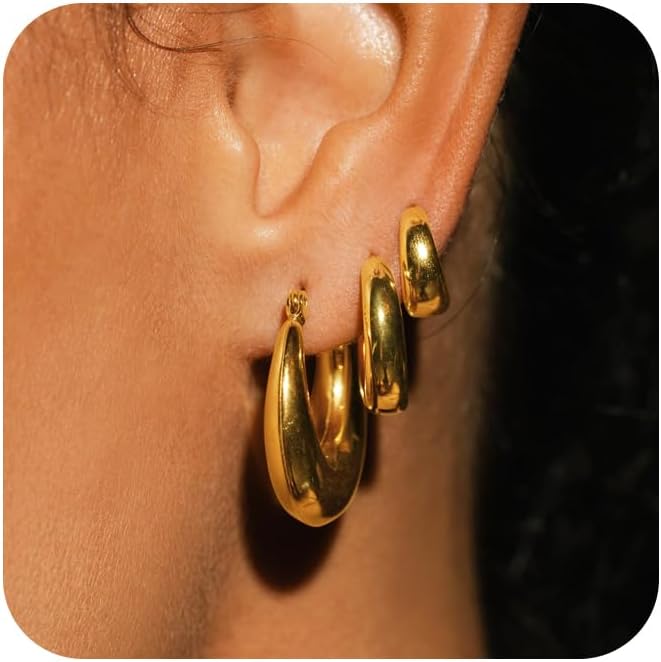 3 Pairs Chunky GoldSilver Hoop Earrings Sets for Women 14k