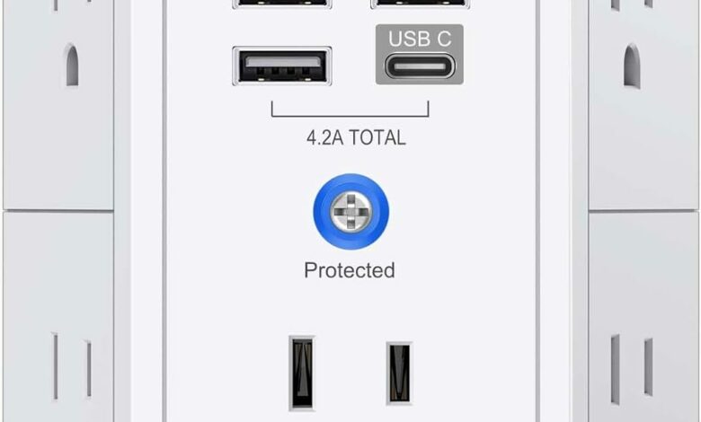 5-Outlet Surge Protector Wall Charger with 4 USB Ports - 1680J Multi Plug for Home, Office, Travel