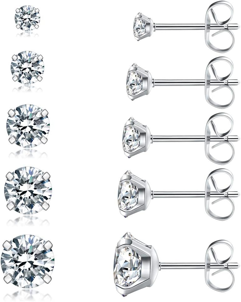 5 Pairs Stud Earrings Set Hypoallergenic Cubic Zirconia 316L Earrings