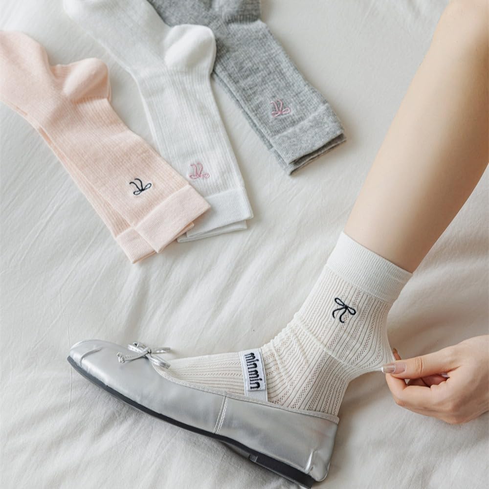 5 Pairs Women Cute Bow Thin Cotton Knit Crew Socks