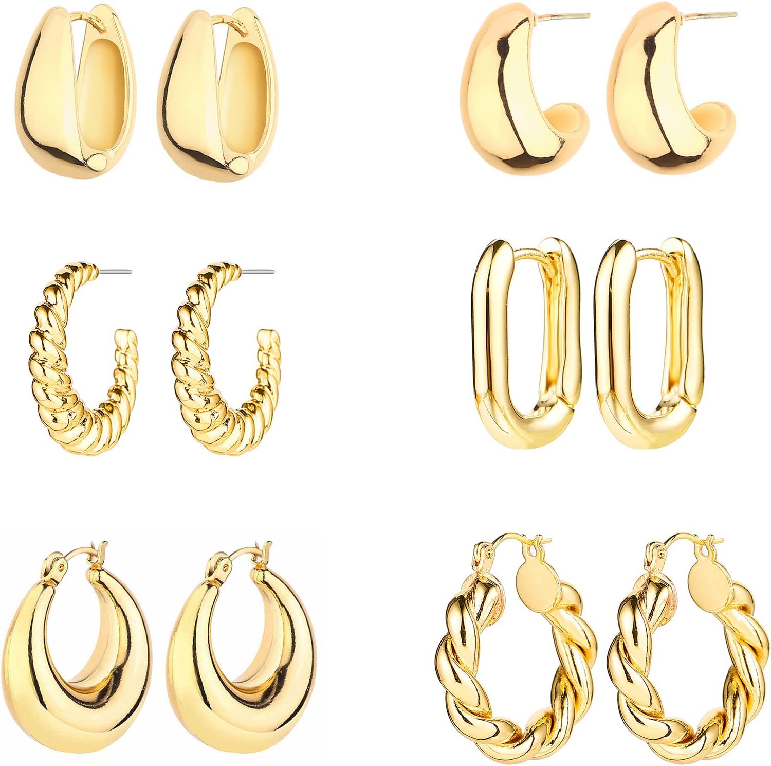 6 Pairs 14K Gold Hoop Earrings for Women Lightweight Chunky