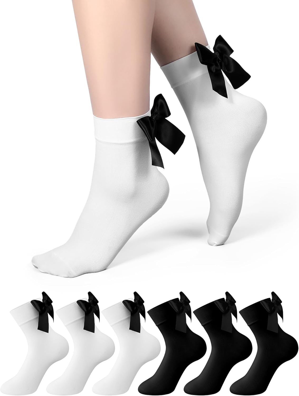 6 Pairs Bows Socks Women Ankle Socks White Black Nylon