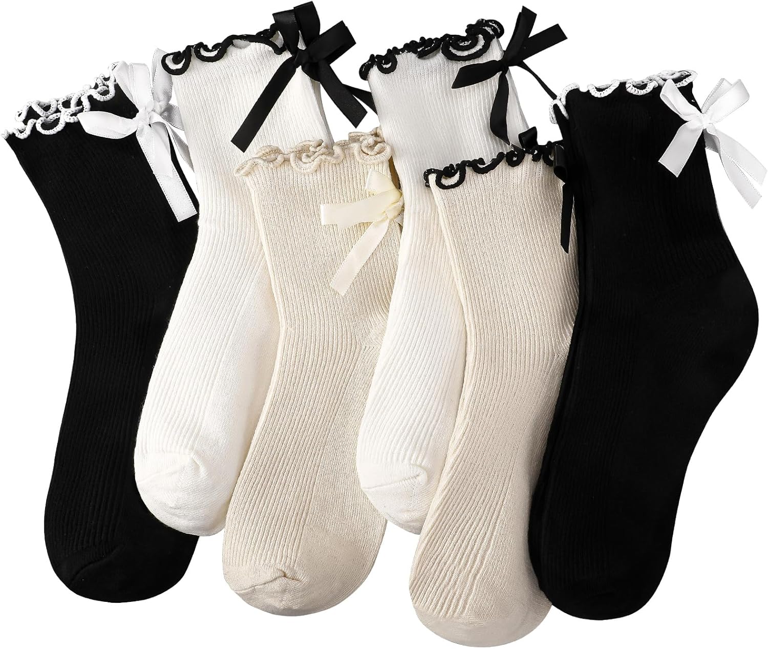 6 Pairs Womens Bow Socks Ruffle Casual Crew Socks Cute