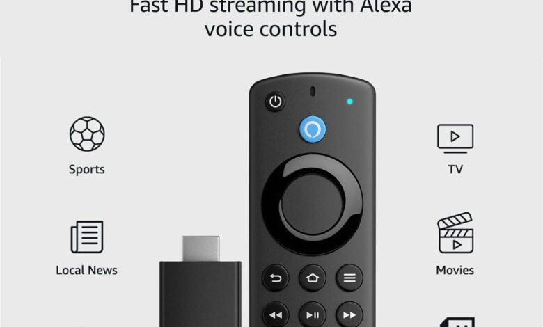 Amazon Fire TV Stick, HD, sharp picture quality, fast streaming, free & live TV, Alexa Voice Remote with TV controls