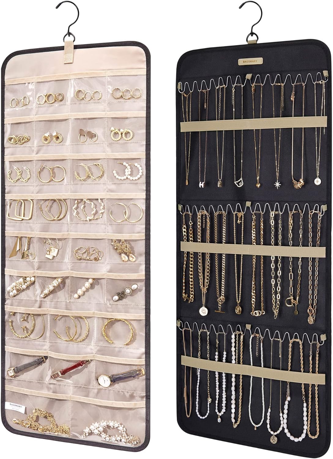 BAGSMART Hanging Jewelry Organizer Storage Roll with Hanger Metal Hooks