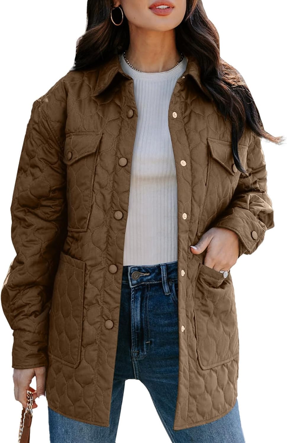 EVALESS Quilted Jackets for Women Lightweight Long Sleeve Button Down