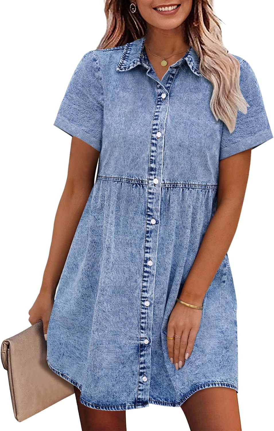 GRAPENT Denim Dress for Women Babydoll Tiered Short Sleeve Button