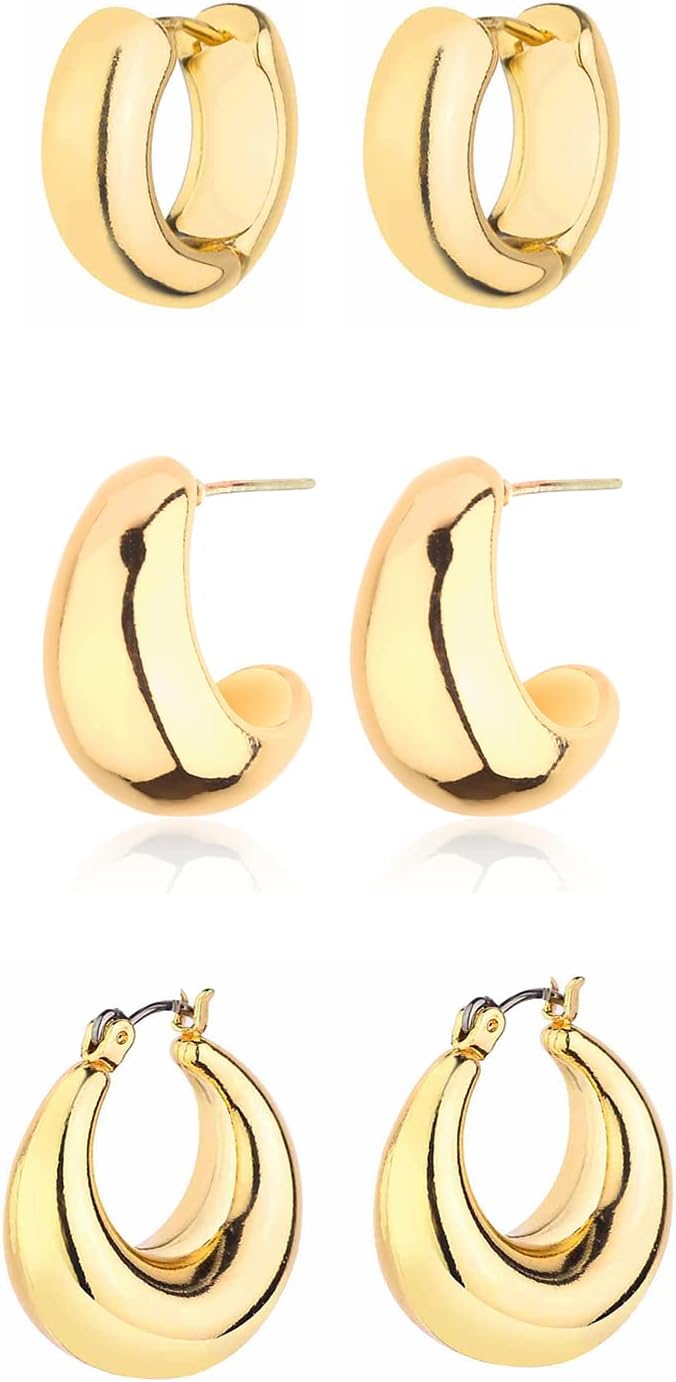 Gold Chunky Hoop Earrings Set for Women 14K Gold Plated