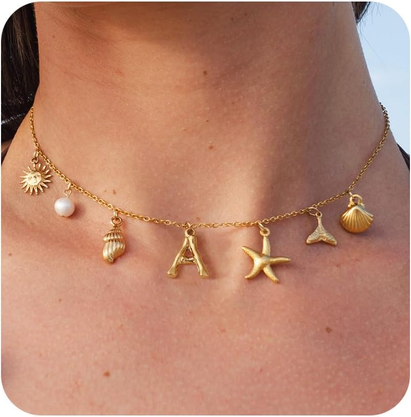 Gold Initial Charm Necklaces for Women Boho Surfer Beach Letter